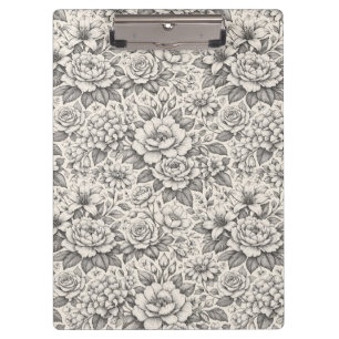 Mooie houtskool zwart-wit geëtste bloemen klembord