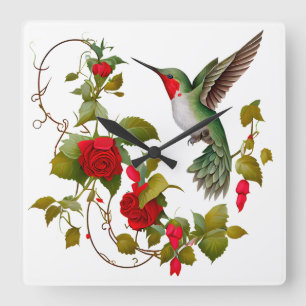 Mooie Hummingbird en Red Roses Vierkante Klok