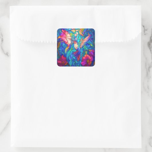 Mooie Hummingbird Flower Garden Glas in lood Vierkante Sticker (Tas)