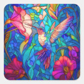 Mooie Hummingbird Flower Garden Glas in lood Vierkante Sticker (Voorkant)