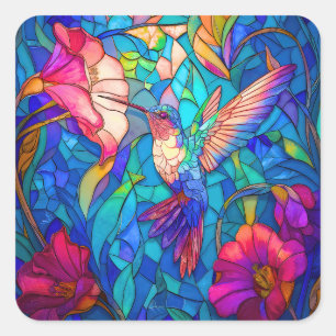 Mooie Hummingbird Flower Garden Glas in lood Vierkante Sticker