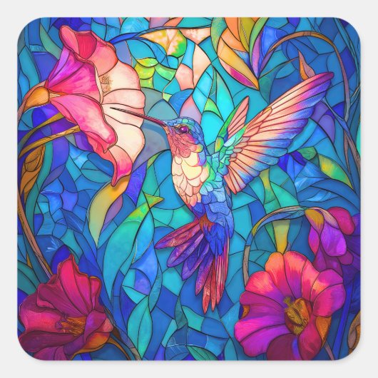 Mooie Hummingbird Flower Garden Glas in lood Vierkante Sticker (Voorkant)
