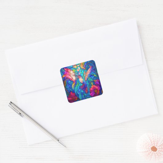 Mooie Hummingbird Flower Garden Glas in lood Vierkante Sticker (Envelop)