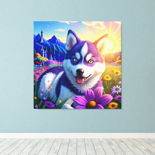 Mooie husky hond drie canvas afdruk (Insitu (Houten vloer))