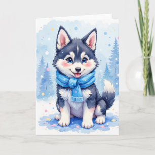 Mooie Husky Puppy Dekbed Vakantie Wenskaart Feestdagen Kaart
