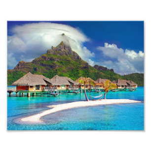Mooie hutten op het water in Bora Bora Foto Afdruk