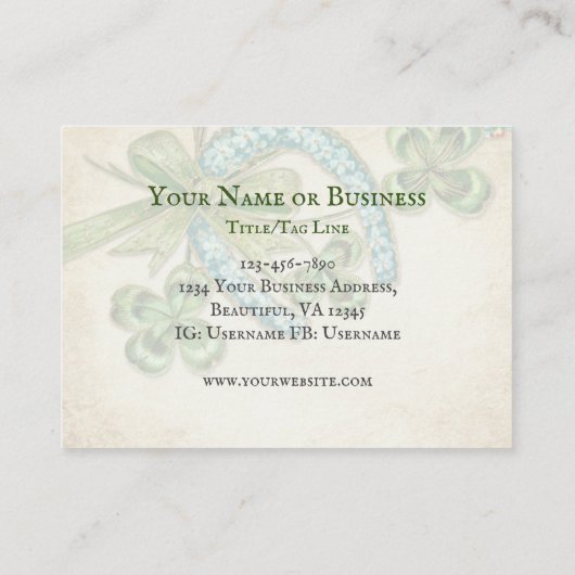 Mooie Ierse danser, Shamrock en Hoefijzer Visitekaartje (Achterkant)