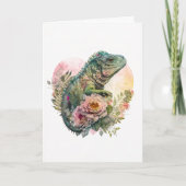 Mooie Iguana in Valentijnsdag met roze bloemen Feestdagen Kaart (Voorkant)