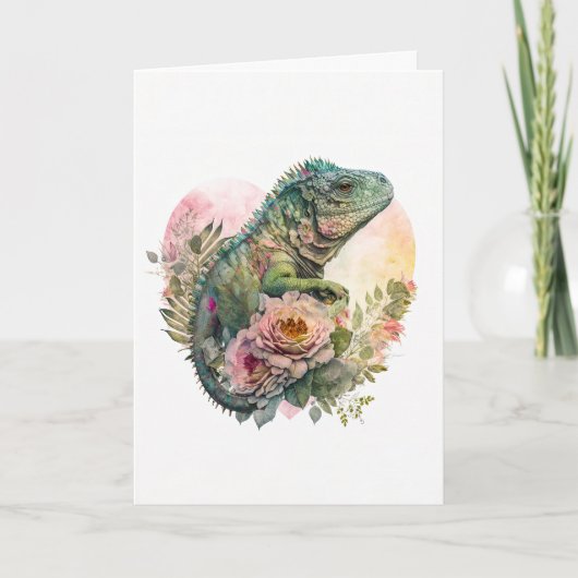 Mooie Iguana in Valentijnsdag met roze bloemen Feestdagen Kaart (Voorkant)