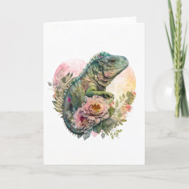 Mooie Iguana in Valentijnsdag met roze bloemen Feestdagen Kaart