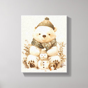 Mooie Ijsbeer Met Sneeuwman Canvas Kinderkamer Dec Afdruk
