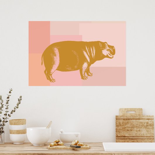 Mooie illustratie van nijlpaard in roze en goud poster (Keuken)