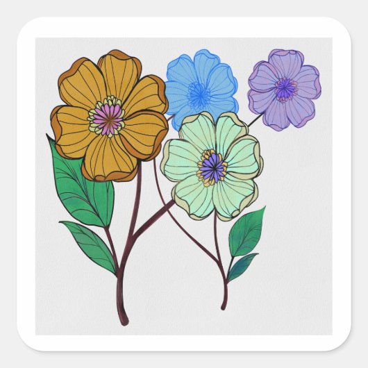 Mooie illustratie van vier bloemen vierkante sticker (Voorkant)