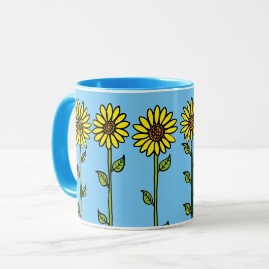 Mooie illustratie zonnebloemen en hommel mok (Voorkant links)