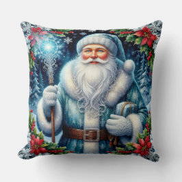 Mooie in het blauw geklede kerstman met winterdeco kussen