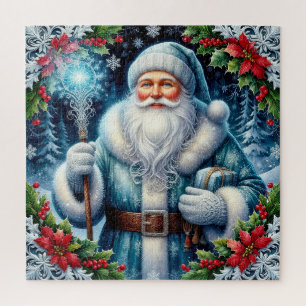 Mooie in het blauw geklede kerstman met winterdeco legpuzzel