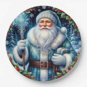 Mooie in het blauw geklede Kerstman met winterdeco Papieren Bordje