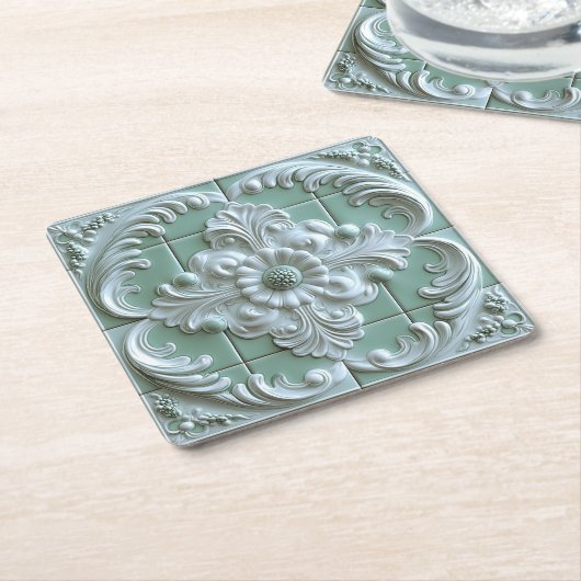 Mooie in reliëf gemaakte Tegel Wit Licht Groen Kartonnen Onderzetters (Schuin)