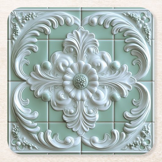 Mooie in reliëf gemaakte Tegel Wit Licht Groen Kartonnen Onderzetters (Voorkant)