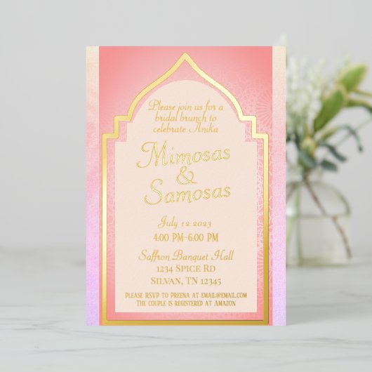 Mooie Indische Mimosas en Samosas Bridal Brunch Folie Uitnodiging (Staand Voorkant)