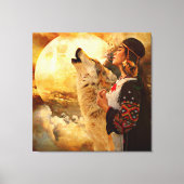 Mooie Indische vrouwen, Wolf en Full Moon Painting Canvas Afdruk (Voorkant)