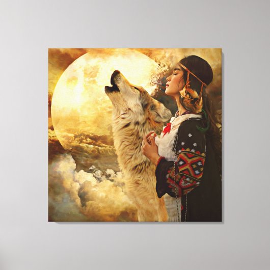Mooie Indische vrouwen, Wolf en Full Moon Painting Canvas Afdruk (Voorkant)