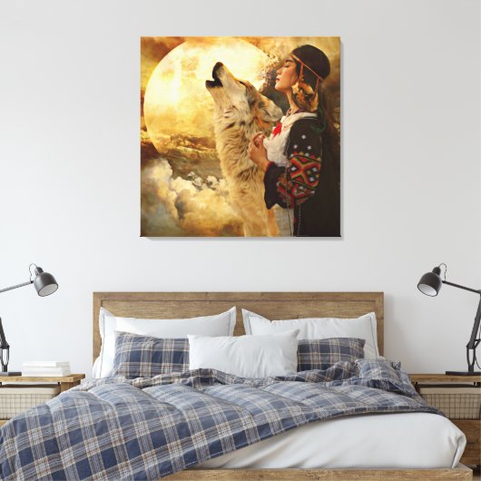 Mooie Indische vrouwen, Wolf en Full Moon Painting Canvas Afdruk (Insitu (Slaapkamer))