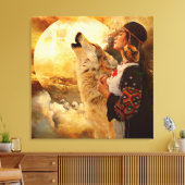 Mooie Indische vrouwen, Wolf en Full Moon Painting Canvas Afdruk (Insitu (Woonkamer))