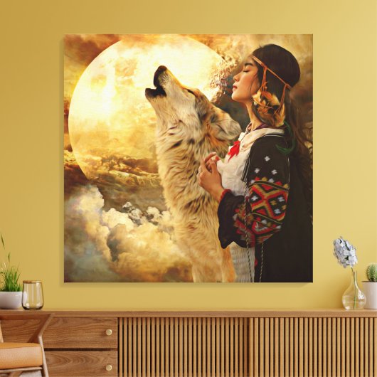 Mooie Indische vrouwen, Wolf en Full Moon Painting Canvas Afdruk (Insitu (Woonkamer))