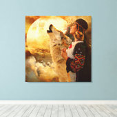 Mooie Indische vrouwen, Wolf en Full Moon Painting Canvas Afdruk (Insitu (Houten vloer))