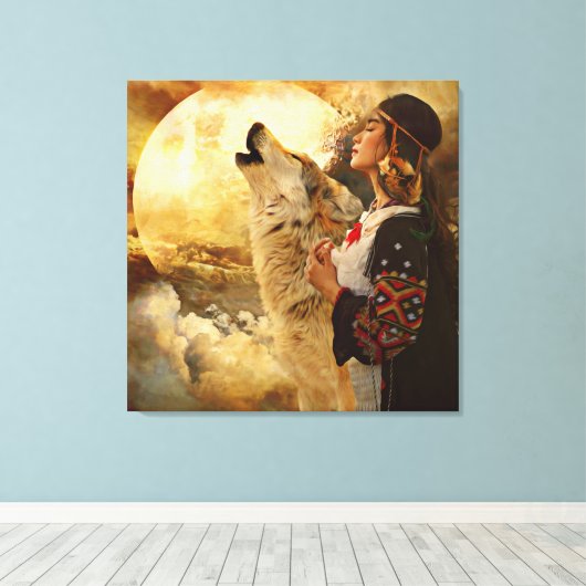 Mooie Indische vrouwen, Wolf en Full Moon Painting Canvas Afdruk (Insitu (Houten vloer))