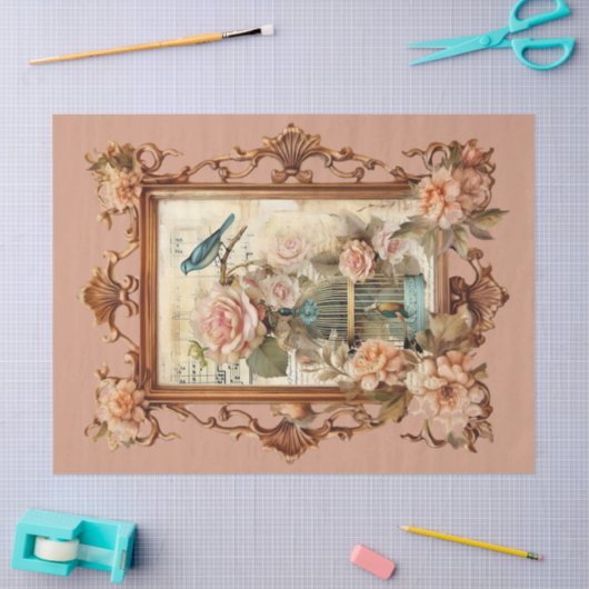 Mooie ingelijste bloemenvogel & kooi Decoupage Tissuepapier (Craft)