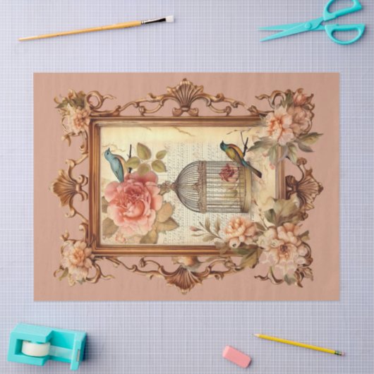 Mooie ingelijste bloemenvogel & kooi Decoupage Tissuepapier (Craft)