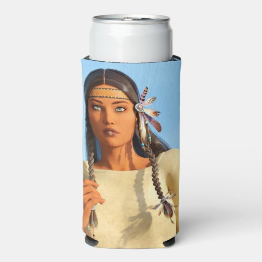 Mooie inheemse Amerikaanse vrouw inheemse outfit Seltzer Blikjeskoeler (Seltzer Voorkant)