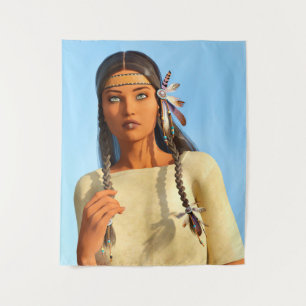 Mooie Inheemse Amerikaanse Vrouw Inheemse Outfit Wandkleed