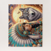 Mooie inheemse Amerikaanse vrouw met wolf Legpuzzel (Verticaal)