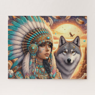 Mooie inheemse Amerikaanse vrouw met wolf Legpuzzel