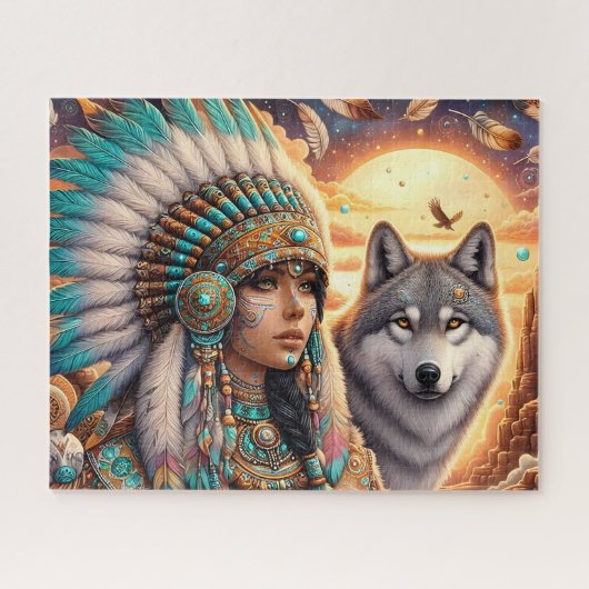 Mooie inheemse Amerikaanse vrouw met wolf Legpuzzel (Horizontaal)