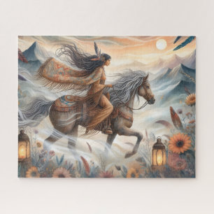 Mooie inheemse Amerikaanse vrouw op paard Legpuzzel