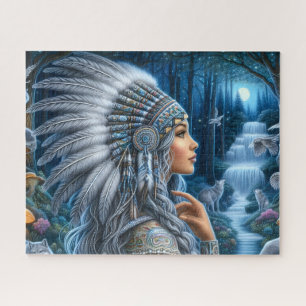 Mooie inheemse vrouw met hoofdtooi in het bos legpuzzel