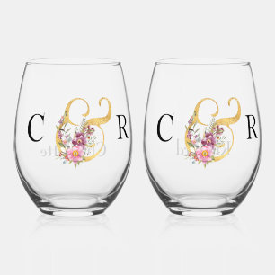 MOOIE INITIALEN EN GOUDEN AMPERSAND BRUILOFT WIJNGLAS ZONDER VOET