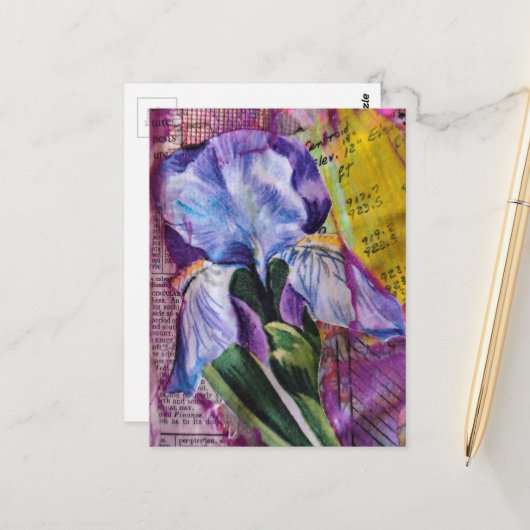 Mooie Iris bloem mixed media collage briefkaart (Voorkant / Achterkant in situ)