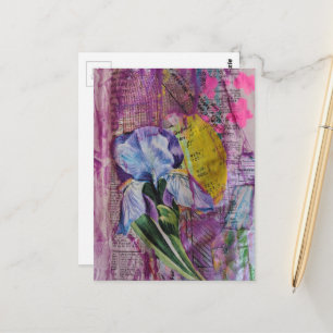 Mooie Iris bloem roze sterren mixed media collage Briefkaart