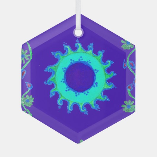 Mooie iriserende blauwe bloemenkunst olieverfschil glas ornament (Voorkant)