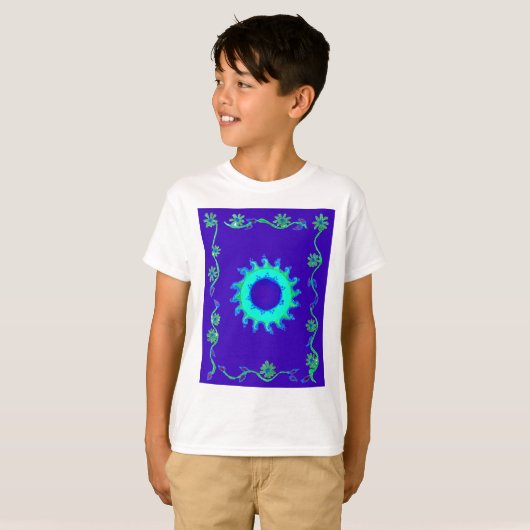 Mooie iriserende blauwe bloemenkunst olieverfschil t-shirt (Voorkant volledig)