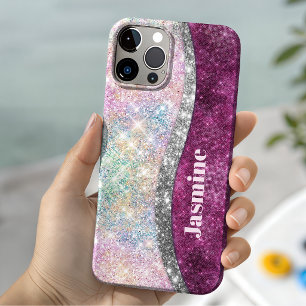 Mooie iriserende roze zilveren nepschitterende mon iPhone 15 case