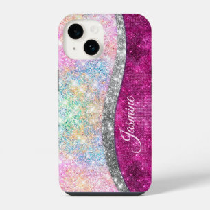 Mooie iriserende roze zilveren nepschitterende mon iPhone 14 hoesje