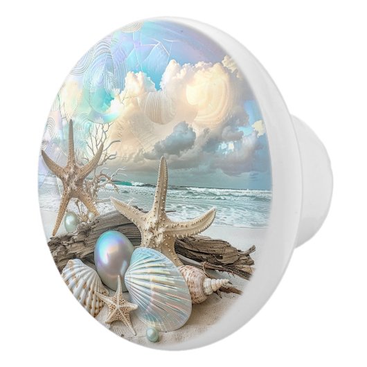 Mooie iriserende schelp zeesterren strand oceaan keramische knop (Rechts)