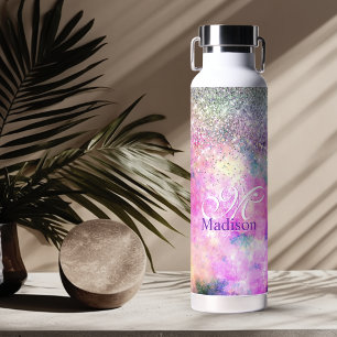 Mooie iriserende zilveren nepschitterende monogram waterfles