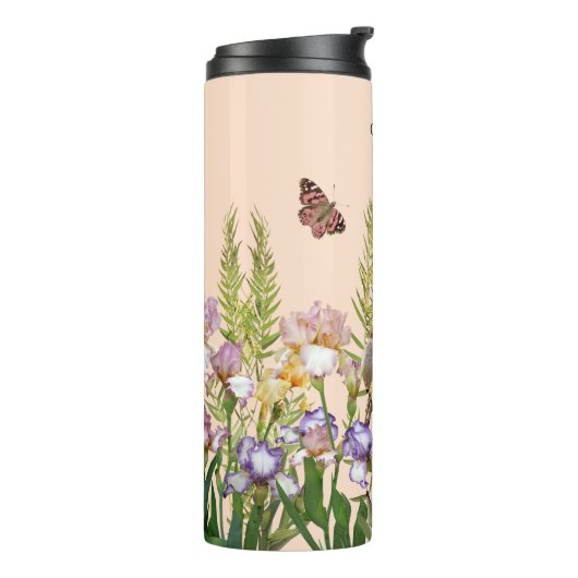 Mooie irissen, vogels en vlinders gepersonaliseerd thermosbeker (Gedraaid links)